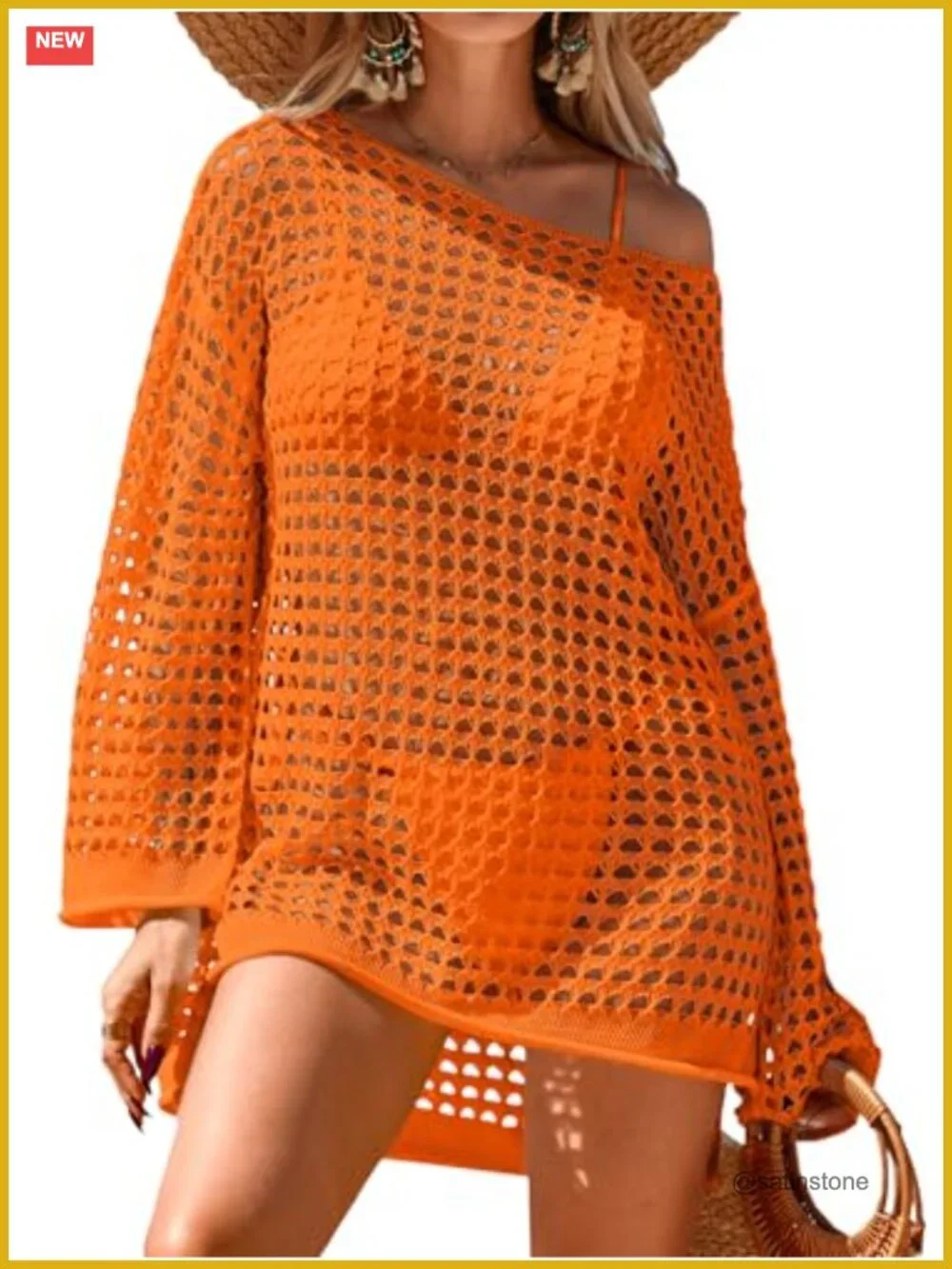 Crochet Swimsuit Cover Up Oversized Long Sleeve Mesh Knit Mini Dress